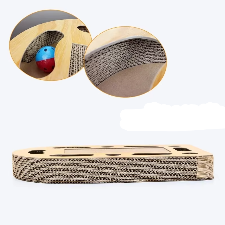 Cat Scratching Board With Toy - Scratching Mat Made Of Corrugated Cardboard And Wooden Frame
