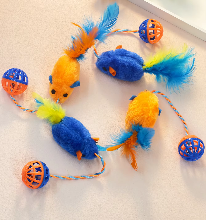 Cat Toy Set - Plush Mice With Feather Balls