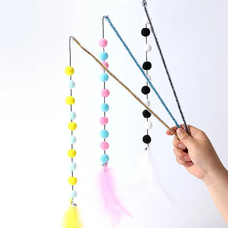 Interactive Cat Fishing Rod With Pom - Pom Feathers - Fun For Curious Cats