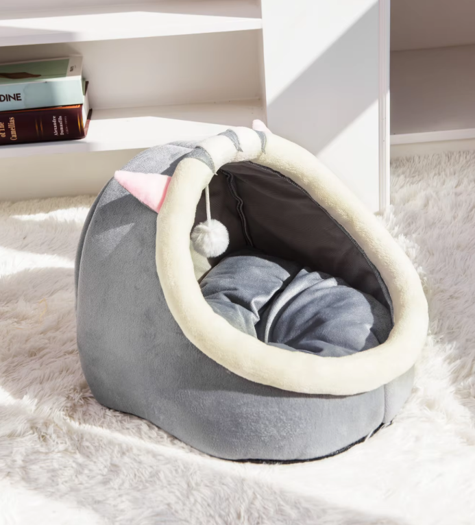 Cuddly Cat Bed Cave - Soft Igloo With Ears Play Ball