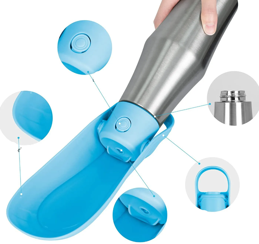 Stainless Steel Drinking Bottle For Dogs - Portable Water Dispenser With Foldable Bowl