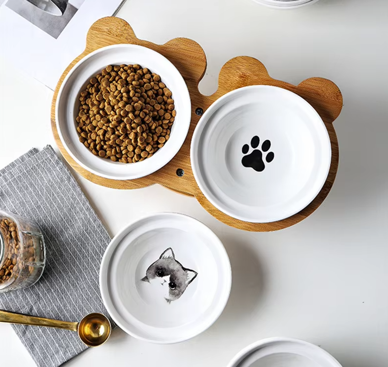 Raised Food Bowl For Cats - Double Ceramic Bowl With Bamboo Stand