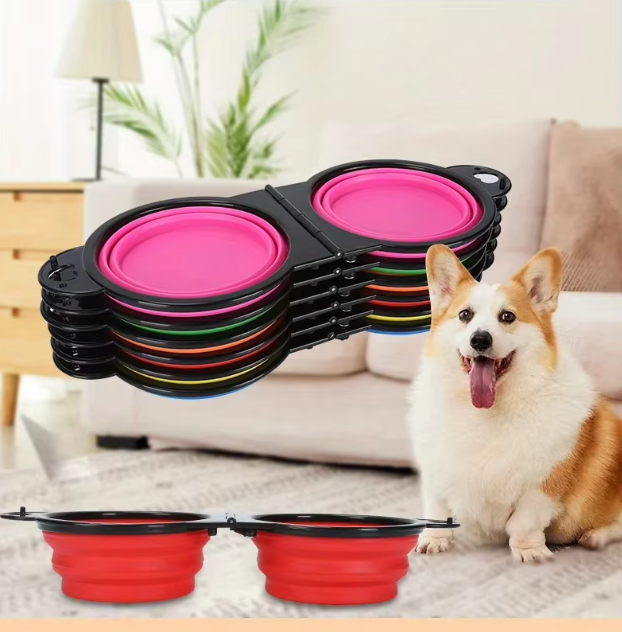 Collapsible Adjustable Double Feeding Bowl For Pets