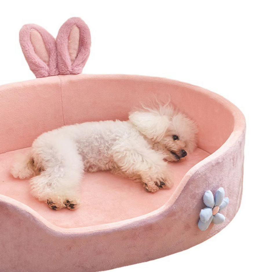 Dog Bed Bunny - Soft Cosy Pet Bed With Ears Flower Decoration