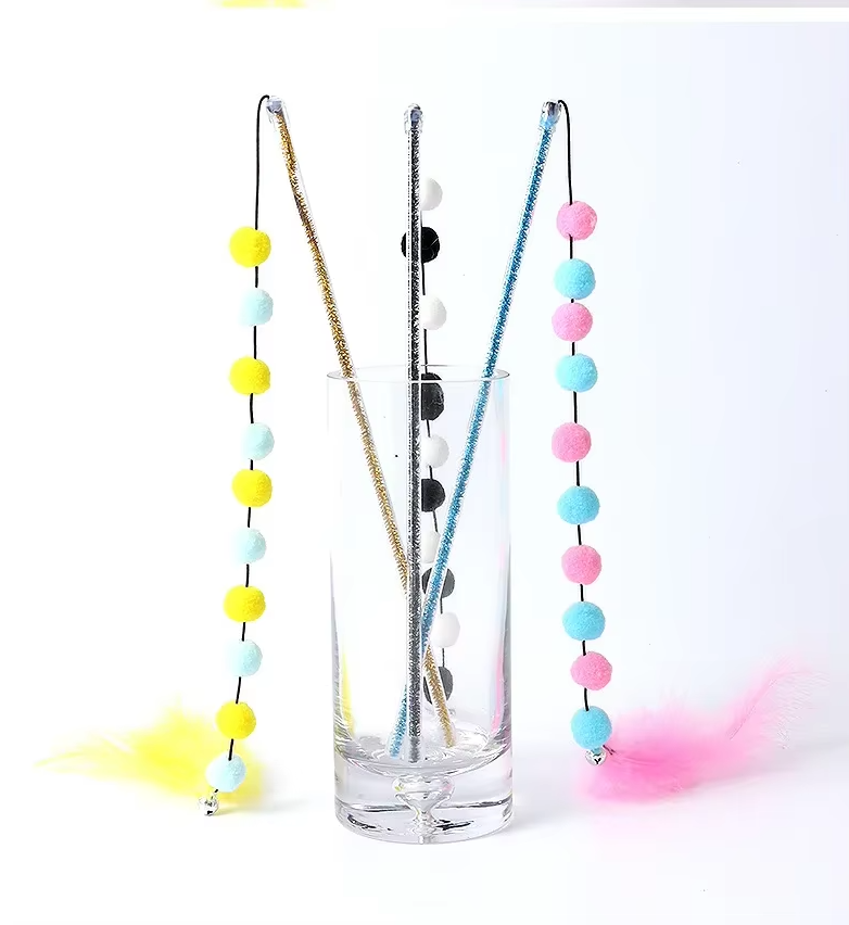 Interactive Cat Fishing Rod With Pom - Pom Feathers - Fun For Curious Cats