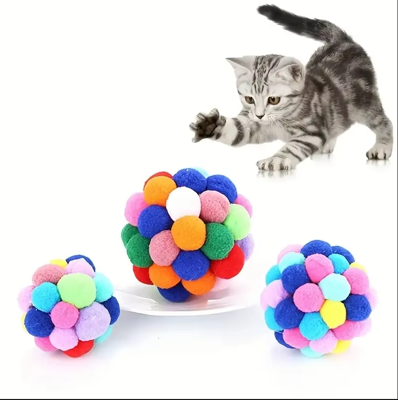 Colourful Pompom Cat Ball - Soft Interactive Toy For Playful House Cats