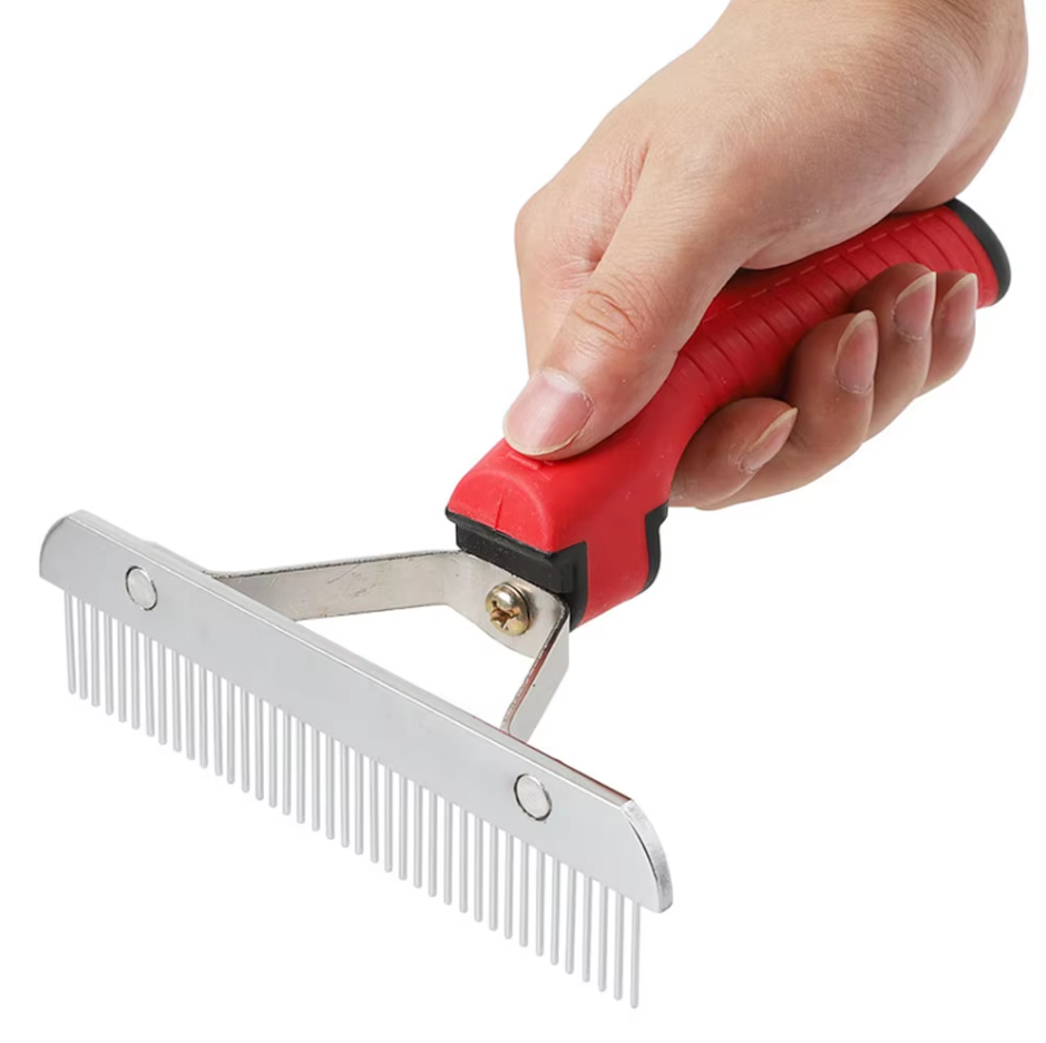 Fur Grooming Rake for Large Dogs with Red Handle and Sturdy Stainless Steel Prongs