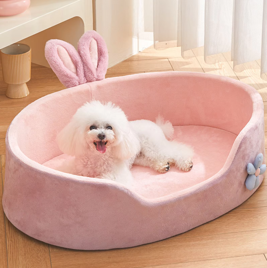 Dog Bed Bunny - Soft Cosy Pet Bed With Ears Flower Decoration