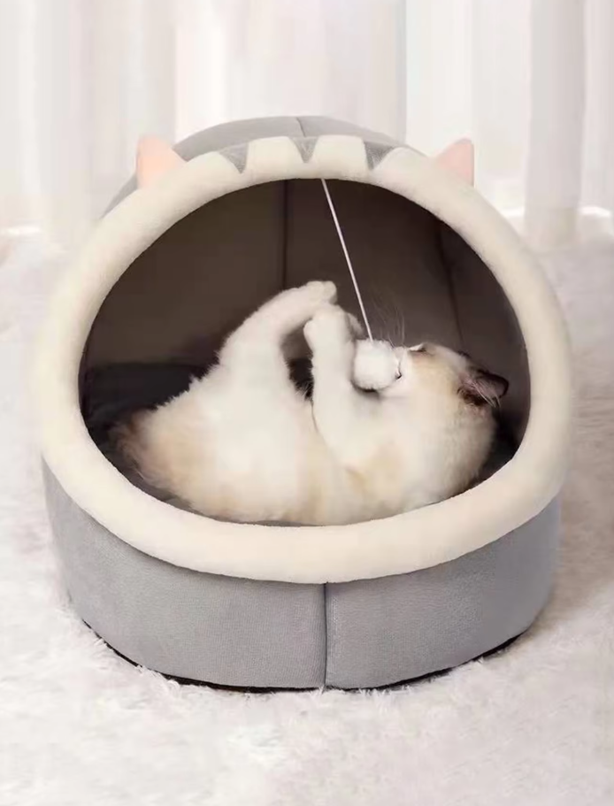 Cuddly Cat Bed Cave - Soft Igloo With Ears Play Ball