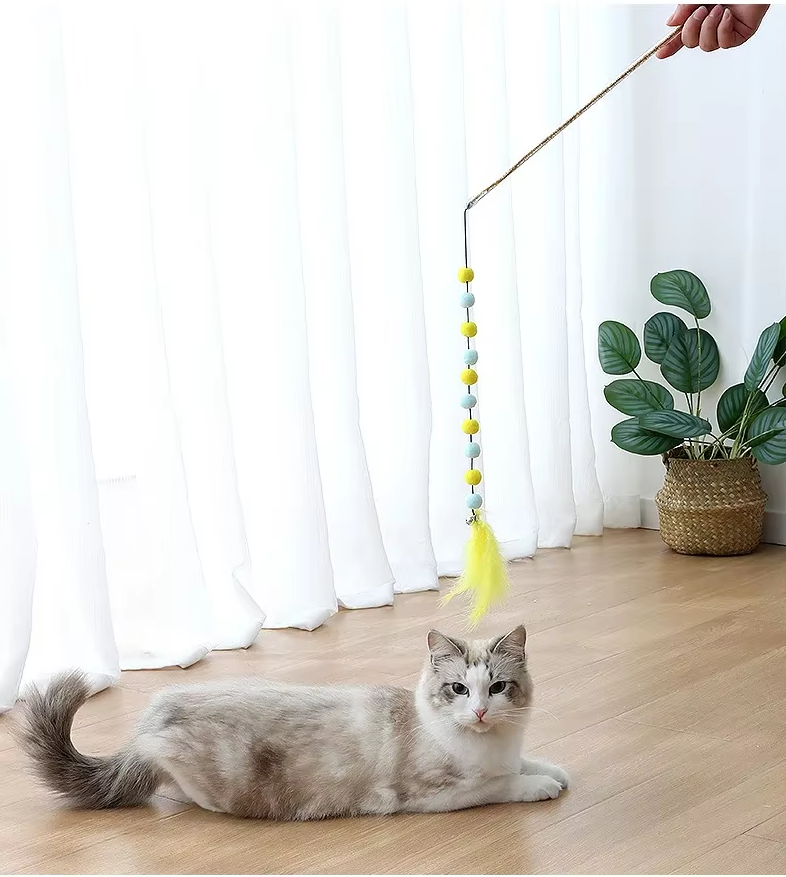 Interactive Cat Fishing Rod With Pom - Pom Feathers - Fun For Curious Cats