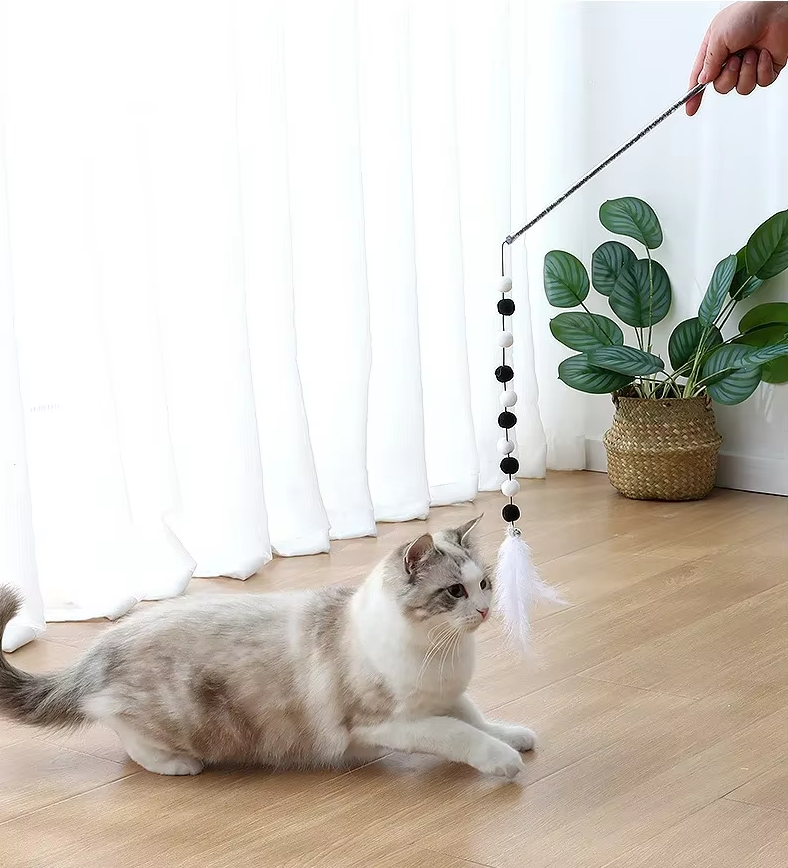 Interactive Cat Fishing Rod With Pom - Pom Feathers - Fun For Curious Cats