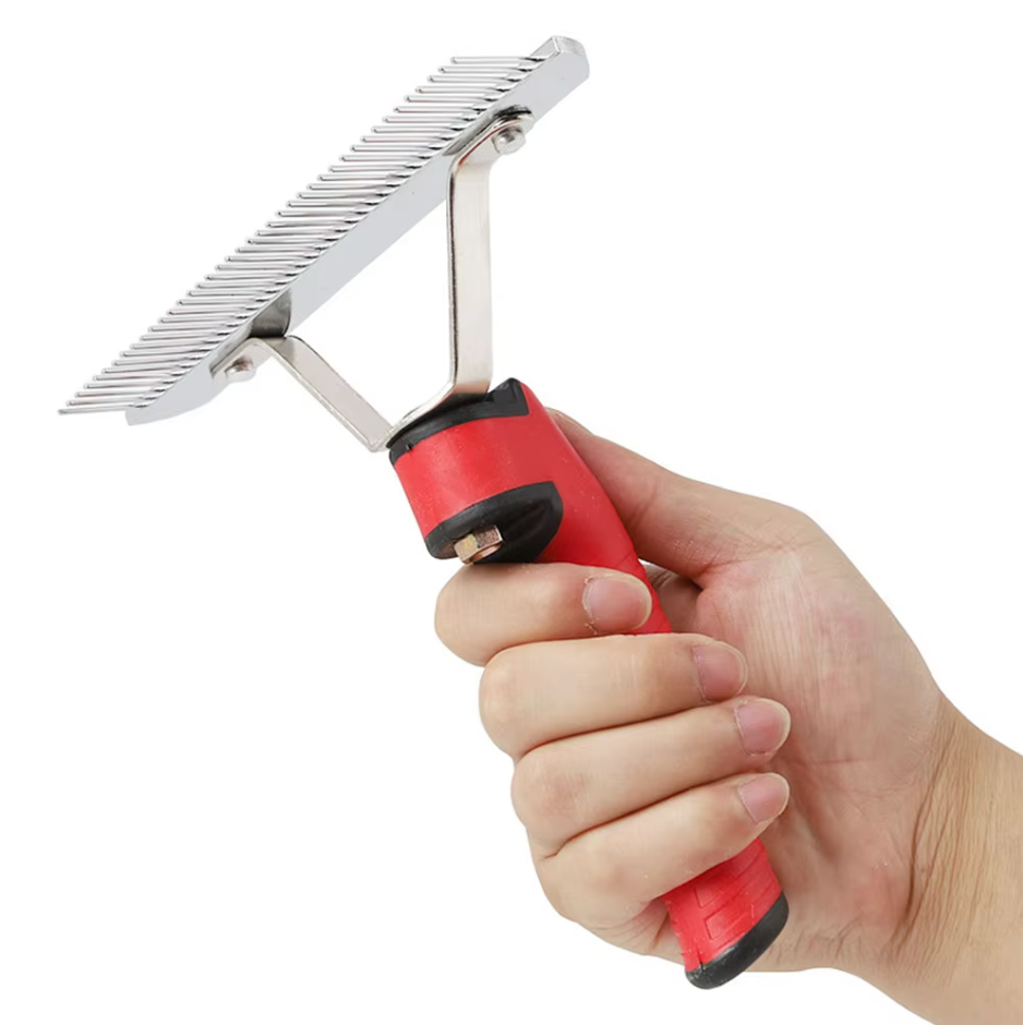 Fur Grooming Rake for Large Dogs with Red Handle and Sturdy Stainless Steel Prongs
