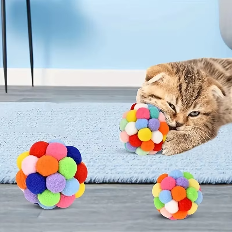 Colourful Pompom Cat Ball - Soft Interactive Toy For Playful House Cats
