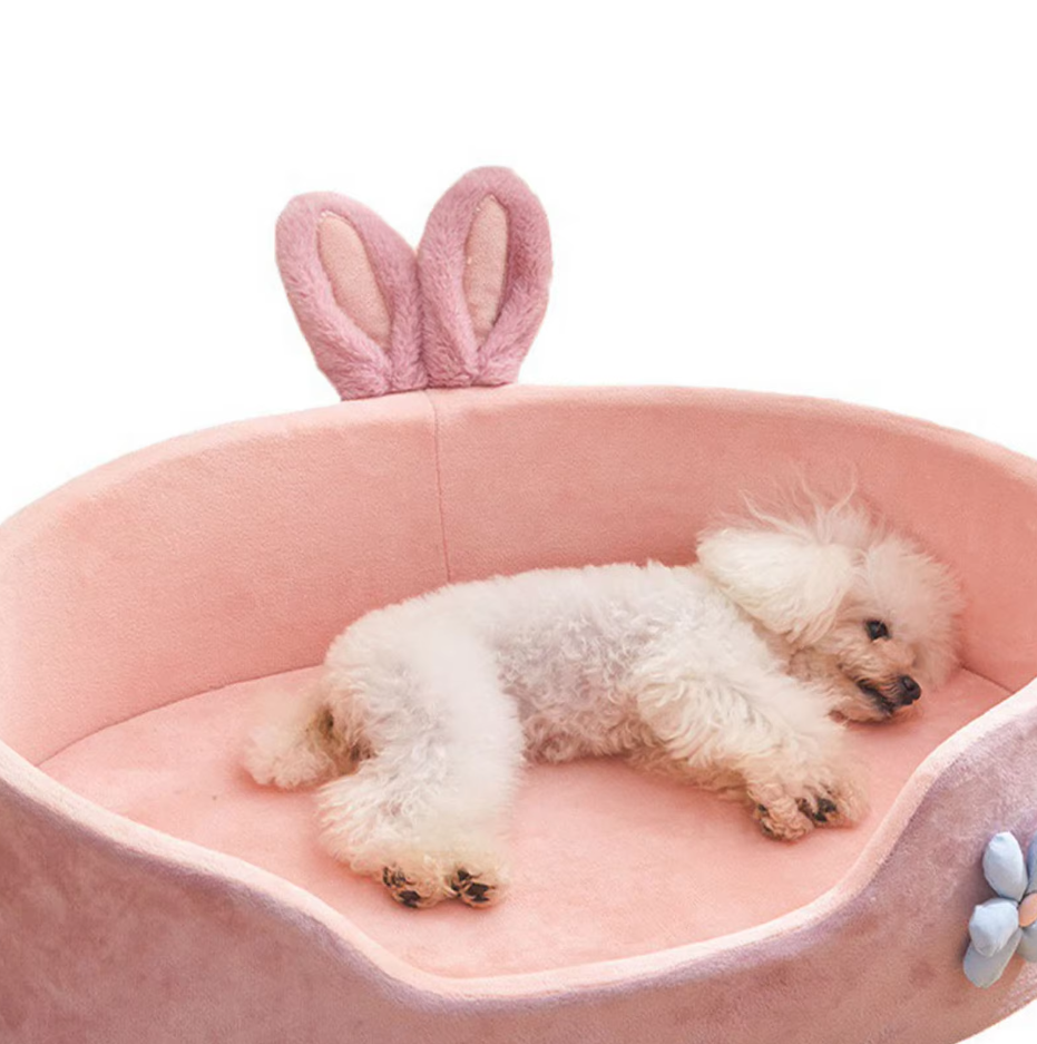 Dog Bed Bunny - Soft Cosy Pet Bed With Ears Flower Decoration