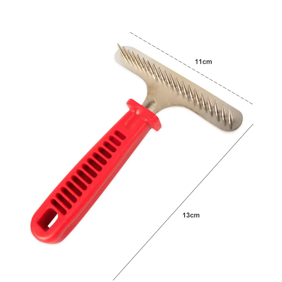 Fur Grooming Rake for Large Dogs with Red Handle and Sturdy Stainless Steel Prongs