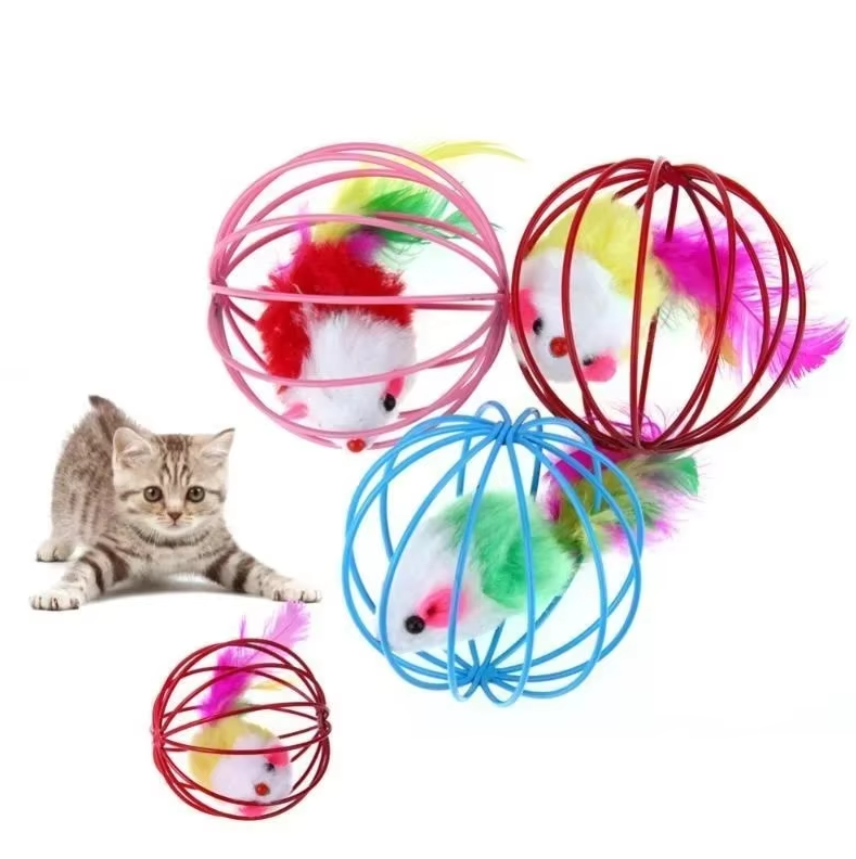 Cat Toy Mouse In Cage With Feather Tail