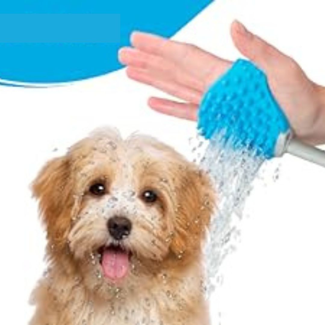 Dog Shower Glove With Integrated Brush Insert And Hose Connection