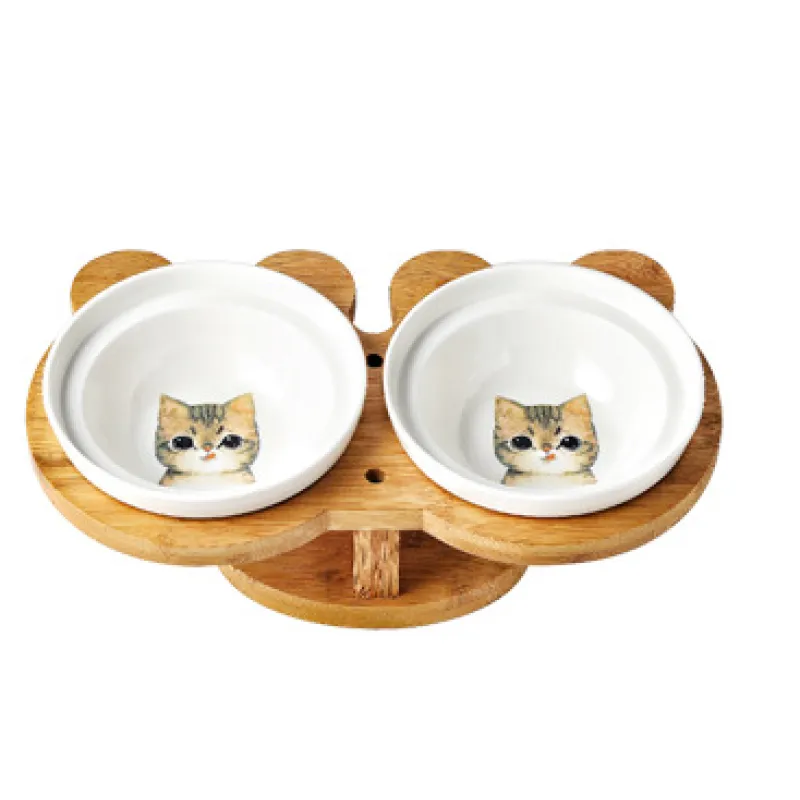 Raised Food Bowl For Cats - Double Ceramic Bowl With Bamboo Stand