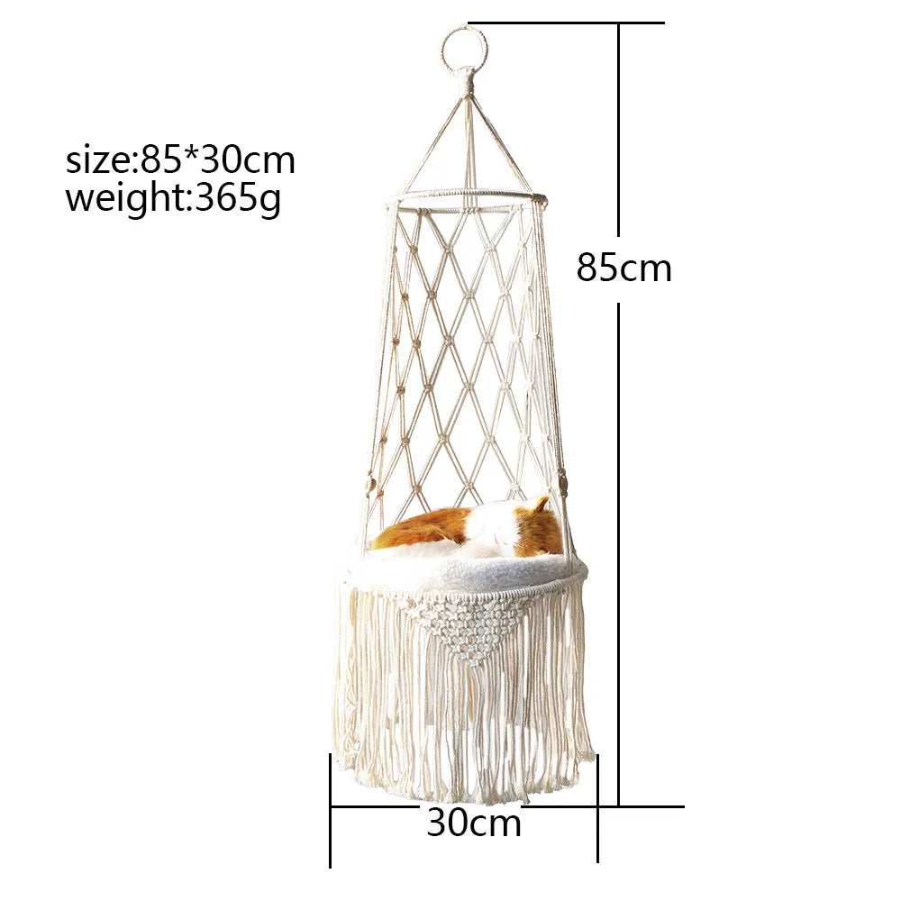Macramé Cat Hanging Chair - Boho Hammock With Cosy Cushion For Cats