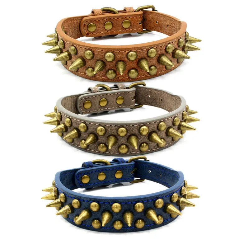 Leather Dog Collar With Rivets And Spikes In 3 Colors