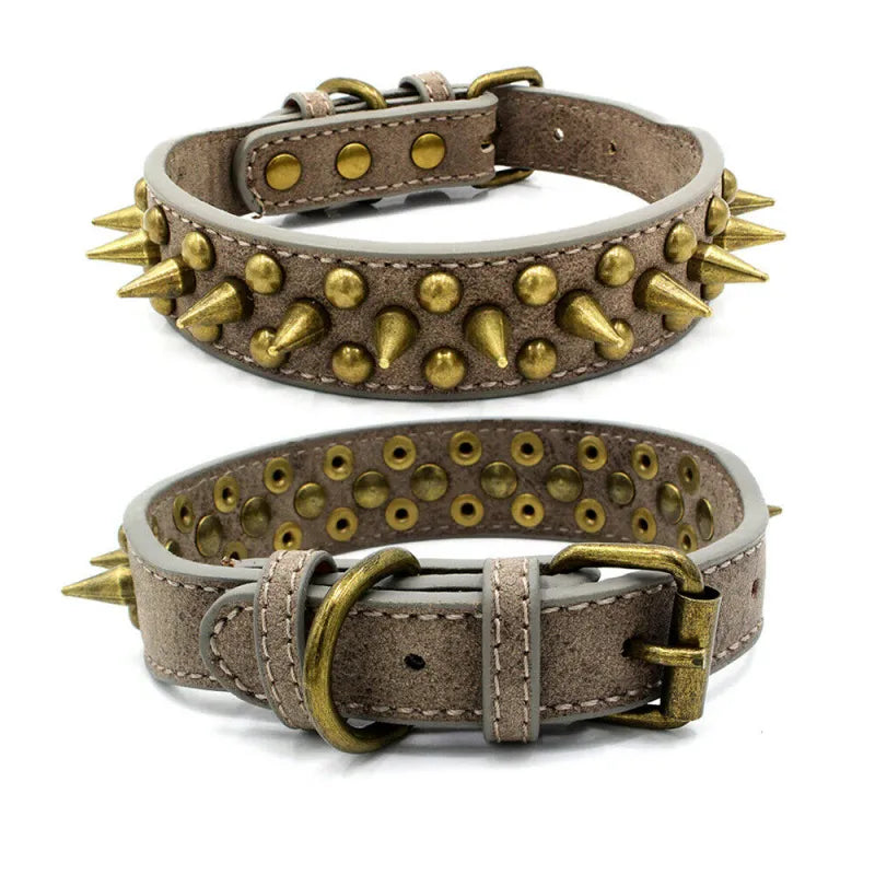 Leather Dog Collar With Rivets And Spikes In 3 Colors