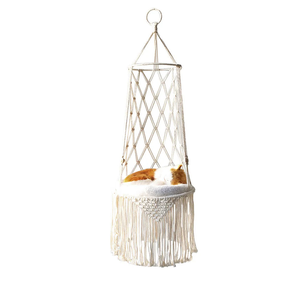 Macramé Cat Hanging Chair - Boho Hammock With Cosy Cushion For Cats