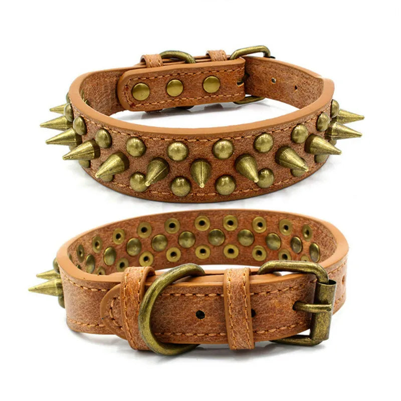 Leather Dog Collar With Rivets And Spikes In 3 Colors