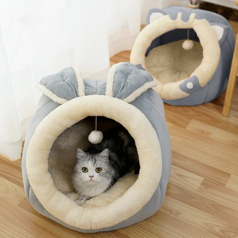 Cat Cave With Ear Design - Soft Pet Bed For Cats To Cuddle Up In