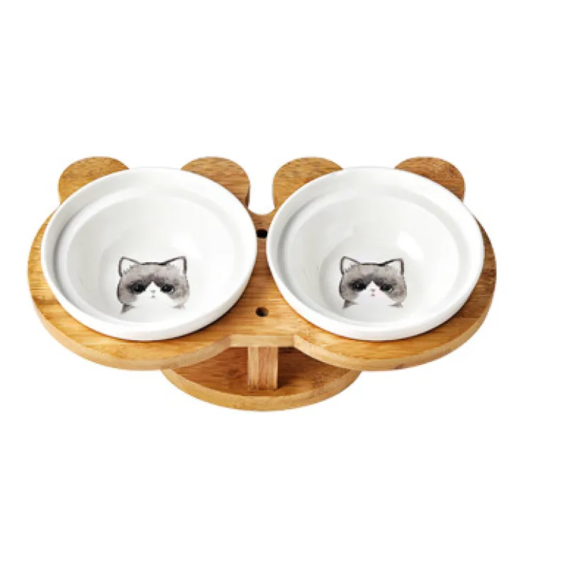 Raised Food Bowl For Cats - Double Ceramic Bowl With Bamboo Stand