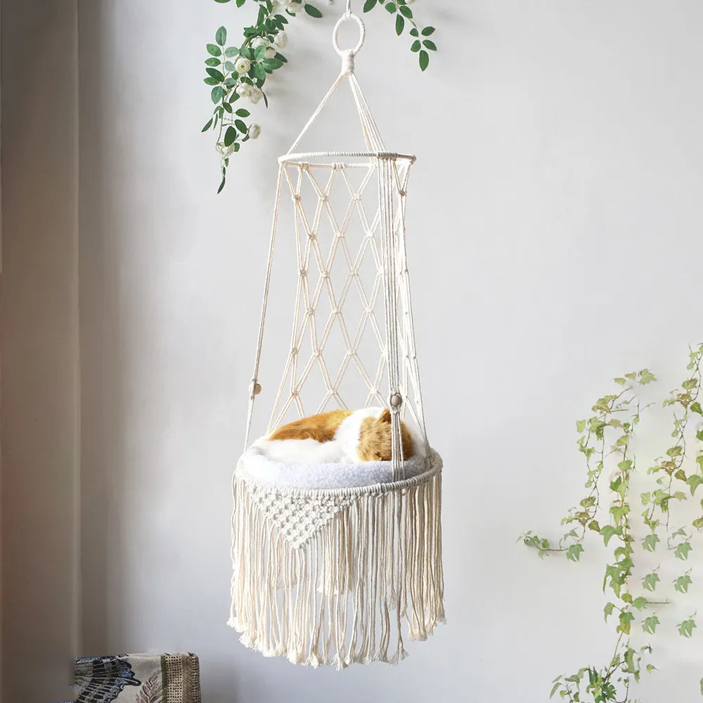 Macramé Cat Hanging Chair - Boho Hammock With Cosy Cushion For Cats