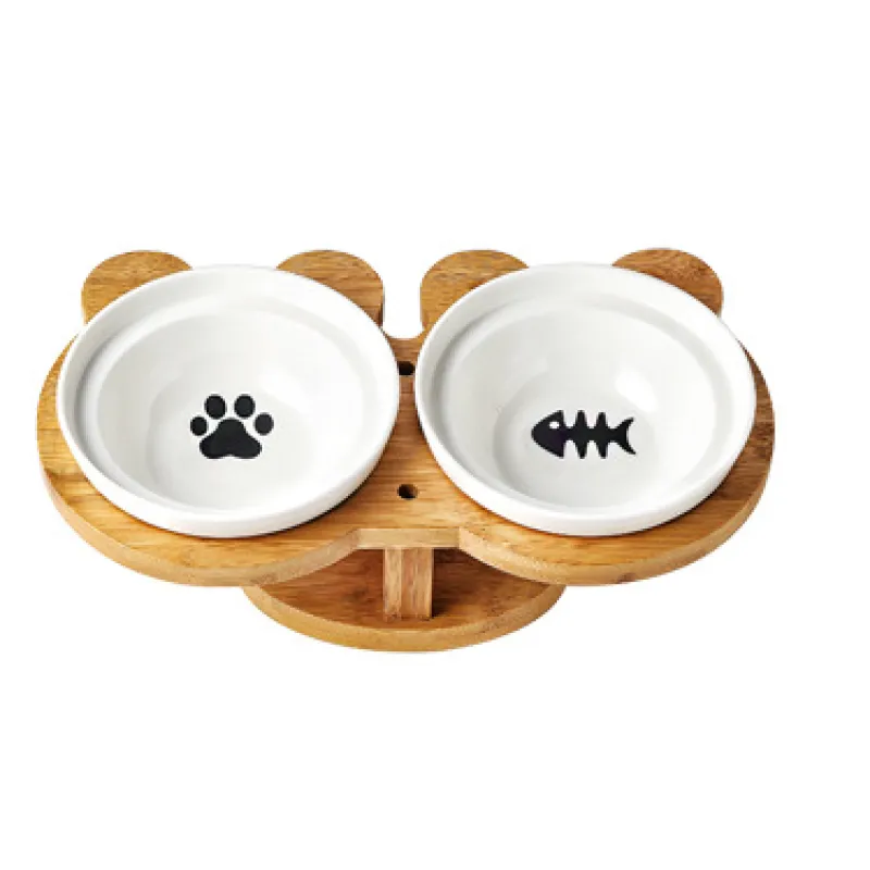 Raised Food Bowl For Cats - Double Ceramic Bowl With Bamboo Stand