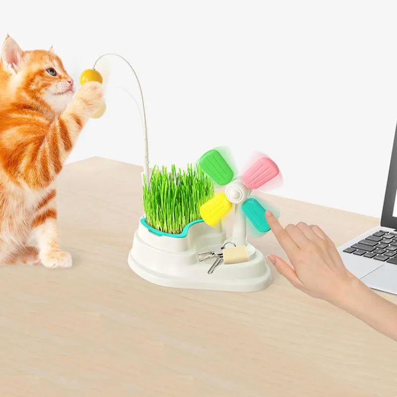 Interactive Cat Toy - Windmill With Ball And Grass Stand For Mental Stimulation