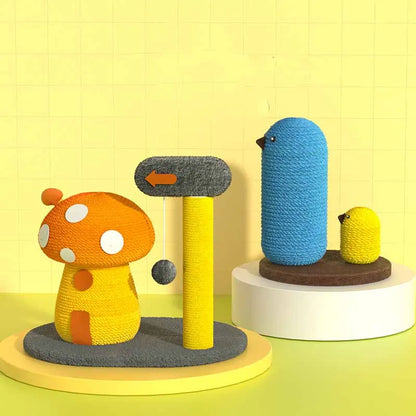 Cat Toy Scratching Post in Bird or Mushroom Design - Interactive Play Station for Cats