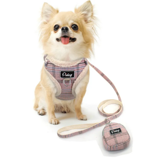Cosy Dog Harness In Chequered Pattern With Lead - With Practical Dog Bag For Walks