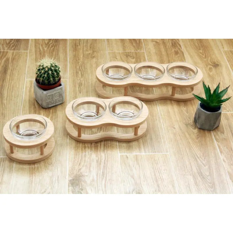 Elevated Food Bowl Set Made Of Wood And Glass For Dogs And Cats With Non-slip Holder