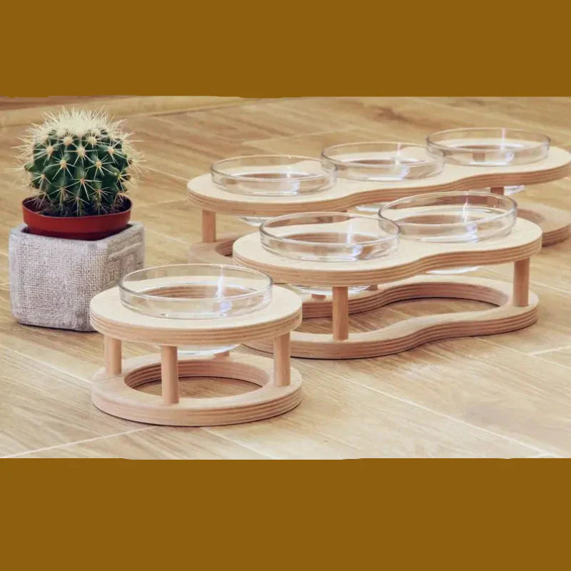 Elevated Food Bowl Set Made Of Wood And Glass For Dogs And Cats With Non-slip Holder