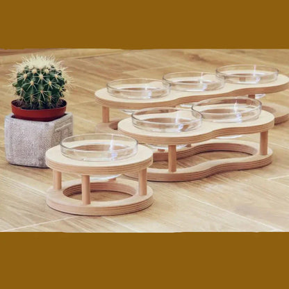 Elevated Food Bowl Set Made Of Wood And Glass For Dogs And Cats With Non-slip Holder