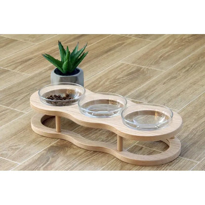 Elevated Food Bowl Set Made Of Wood And Glass For Dogs And Cats With Non-slip Holder