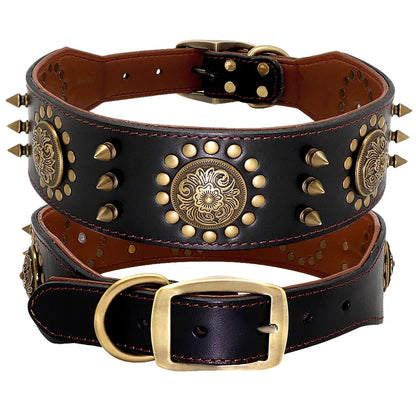 Leather Dog Collar With Rivets And Metal Decorations For Large Dogs