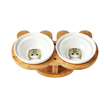 Raised Food Bowl For Cats - Double Ceramic Bowl With Bamboo Stand