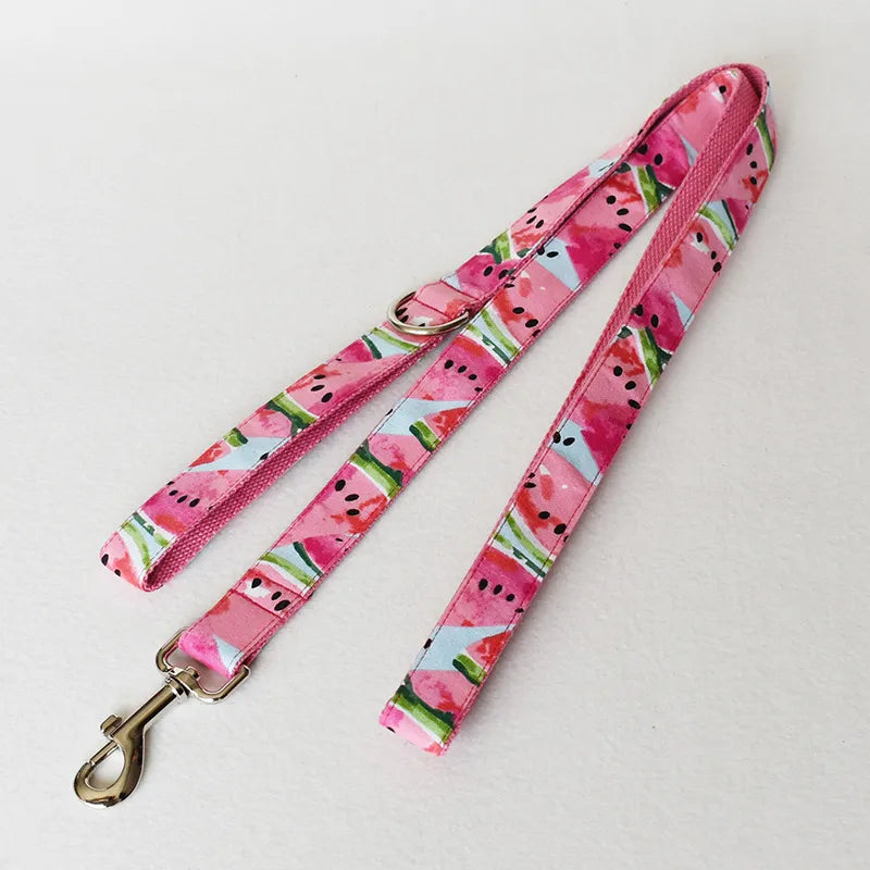 Dog Collar With Bow And Leash In Watermelon Design - Adjustable And Comfortable