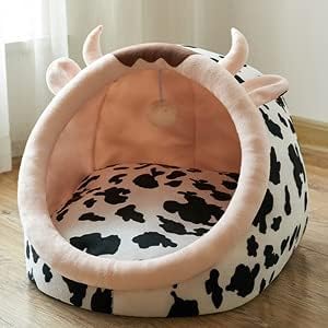 Cat Bed in Cow Design with Ears and Horns for Cosy Breaks