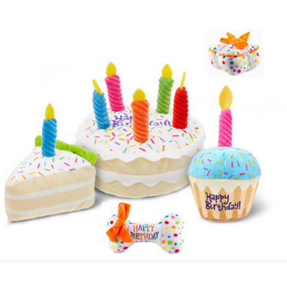 Birthday Dog Toy Set - Plush Cake , Cupcake & Bone with Squeak Function