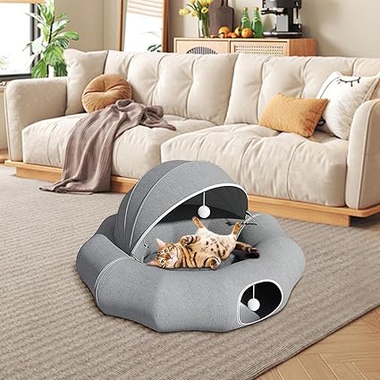 Cuddly Bed for Cats and Small Dogs with Removable Roof and Toy