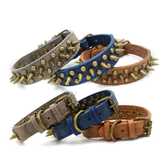 Leather Dog Collar With Rivets And Spikes In 3 Colors