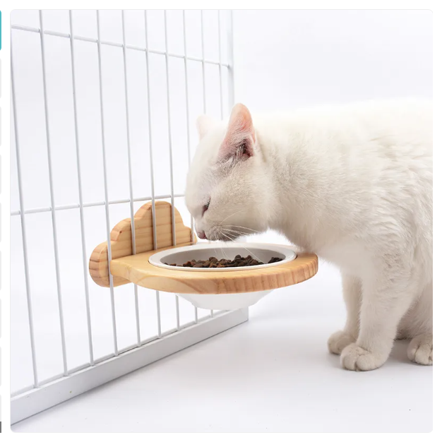 Hanging Food Bowl For Cats - Wall Mount With Wooden Frame In Cloud Design