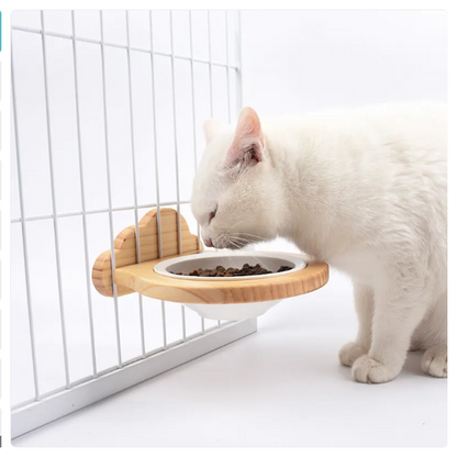 Hanging Food Bowl For Cats - Wall Mount With Wooden Frame In Cloud Design