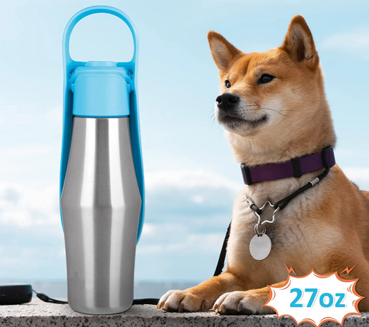 Stainless Steel Drinking Bottle For Dogs - Portable Water Dispenser With Foldable Bowl