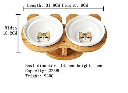 Raised Food Bowl For Cats - Double Ceramic Bowl With Bamboo Stand