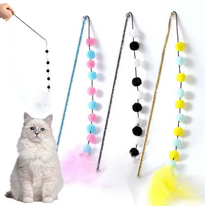 Interactive Cat Fishing Rod With Pom - Pom Feathers - Fun For Curious Cats